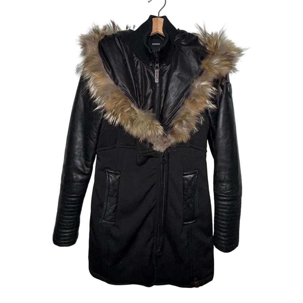 Rudsak Black Leather Sleeve Fur Trim Hooded Parka Women's S